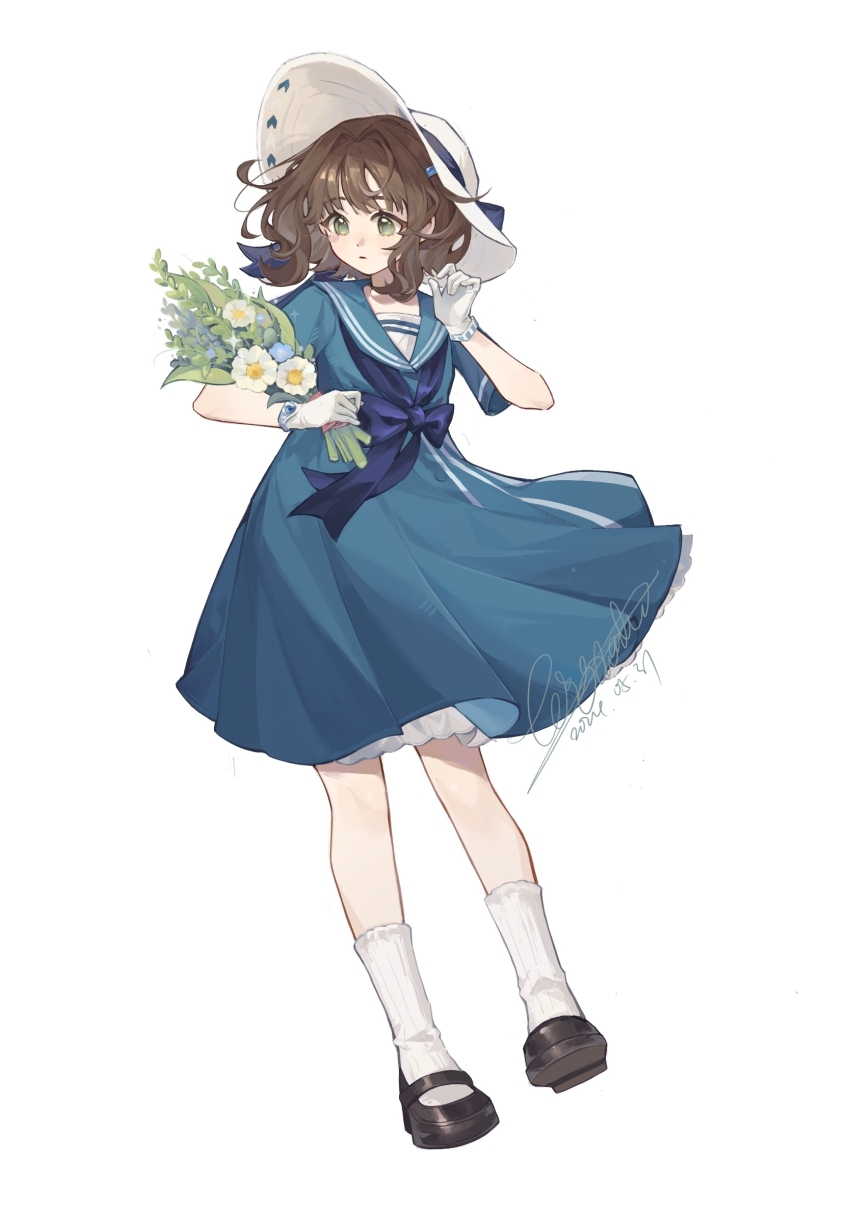 1girl, artist_name, black_shoes, blue_bow, blue_bowtie, blue_dress, blue_sailor_collar, bouquet