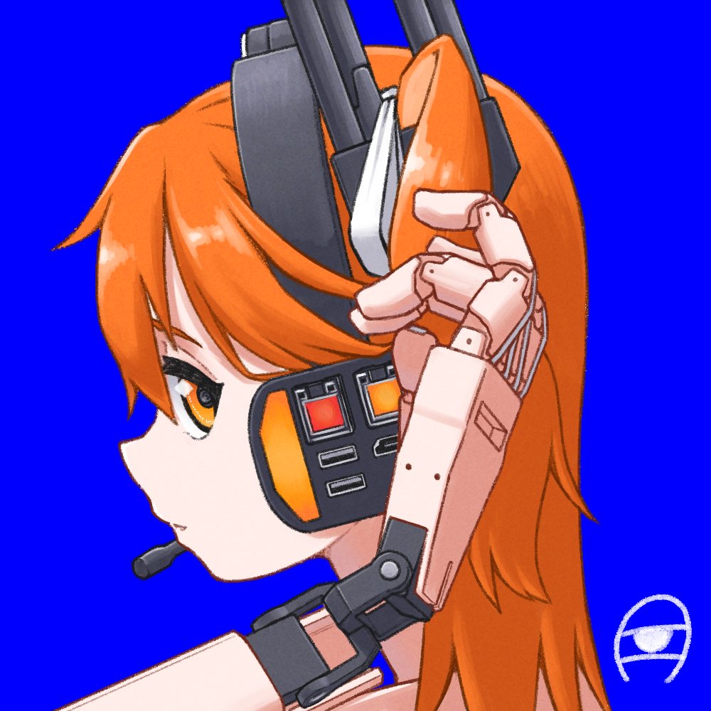 1girl, adachi_rei, android, artist_logo, blue_background, hair_ribbon, hand_up, headset