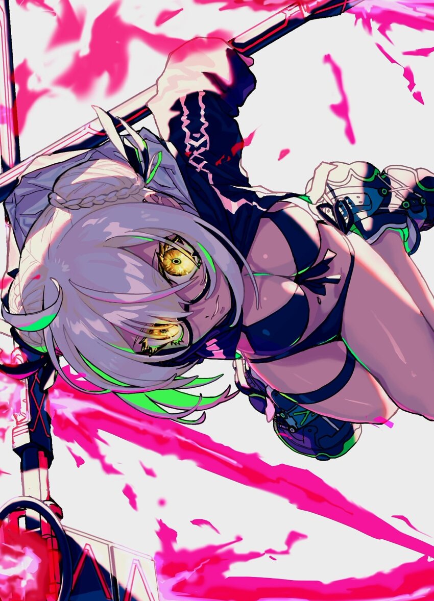 1girl, ahoge, amemasu79, bikini, black_bikini, blonde_hair, braid, breasts