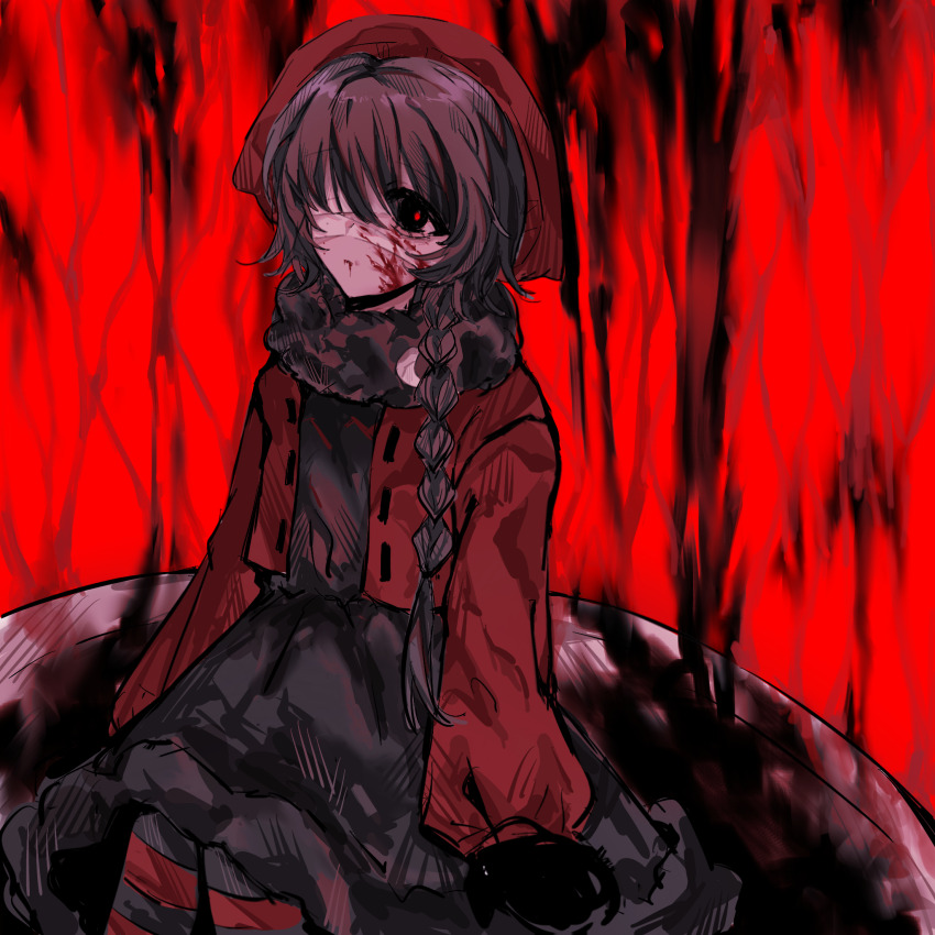 1girl, bandage_over_one_eye, bandages, black_dress, black_eyes, black_gloves, black_hair, blood, blood_from_mouth, blood_on_face, bloody_bandages, braid, chinese_commentary, closed_mouth, commentary_request, dress, expressionless, flat_chest, fur-trimmed_gloves, fur_trim, gloves, hat, highres, jacket, long_sleeves, open_clothes, open_jacket, pantyhose, red_background, red_hat, red_jacket, red_pupils, side_braid, single_braid, sitting, solo, striped_clothes, striped_pantyhose, touqi_guaitan, wu_song_(female)_(touqi_guaitan), xing638746