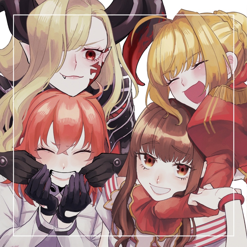 4girls, blonde_hair, brown_eyes, brown_hair, ca_(ca_gemini), commentary_request, fate/extra, fate/grand_order, fate_(series), fujimaru_ritsuka_(female), fujimaru_ritsuka_(female)_(decisive_battle_chaldea_uniform), grin, hair_over_one_eye, highres, horns, kishinami_hakuno_(female), long_hair, multiple_girls, nero_claudius_(fate), orange_hair, queen_draco_(fate), queen_draco_(third_ascension)_(fate), red_eyes, short_hair, smile, upper_body