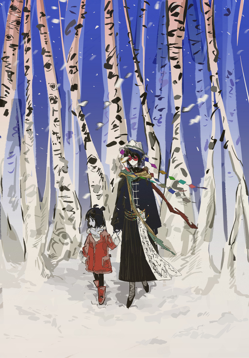 1boy, 1girl, birch_tree, black_coat, black_hair, black_pantyhose, boots, child