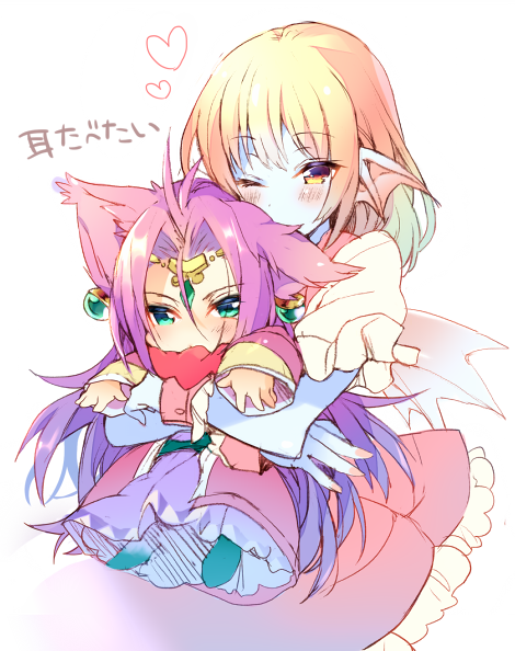 1boy, 1girl, animal_ears, aqua_eyes, back_fin, blonde_hair, blue_skin, carrying, carrying_person, cat_ears, character_request, circlet, colored_skin, commentary_request, dragon_quest, dragon_quest_x, dress, earrings, fins, foster_(dq10), gold_circlet, head_fins, heart, height_difference, jewelry, long_hair, looking_at_viewer, mayachi_(amuriya), medium_hair, one_eye_closed, parted_hair, puffy_short_sleeves, puffy_sleeves, purple_hair, robe, short_sleeves, translation_request, very_long_hair, weddie_(dq10), white_background, wrist_cuffs, yellow_eyes