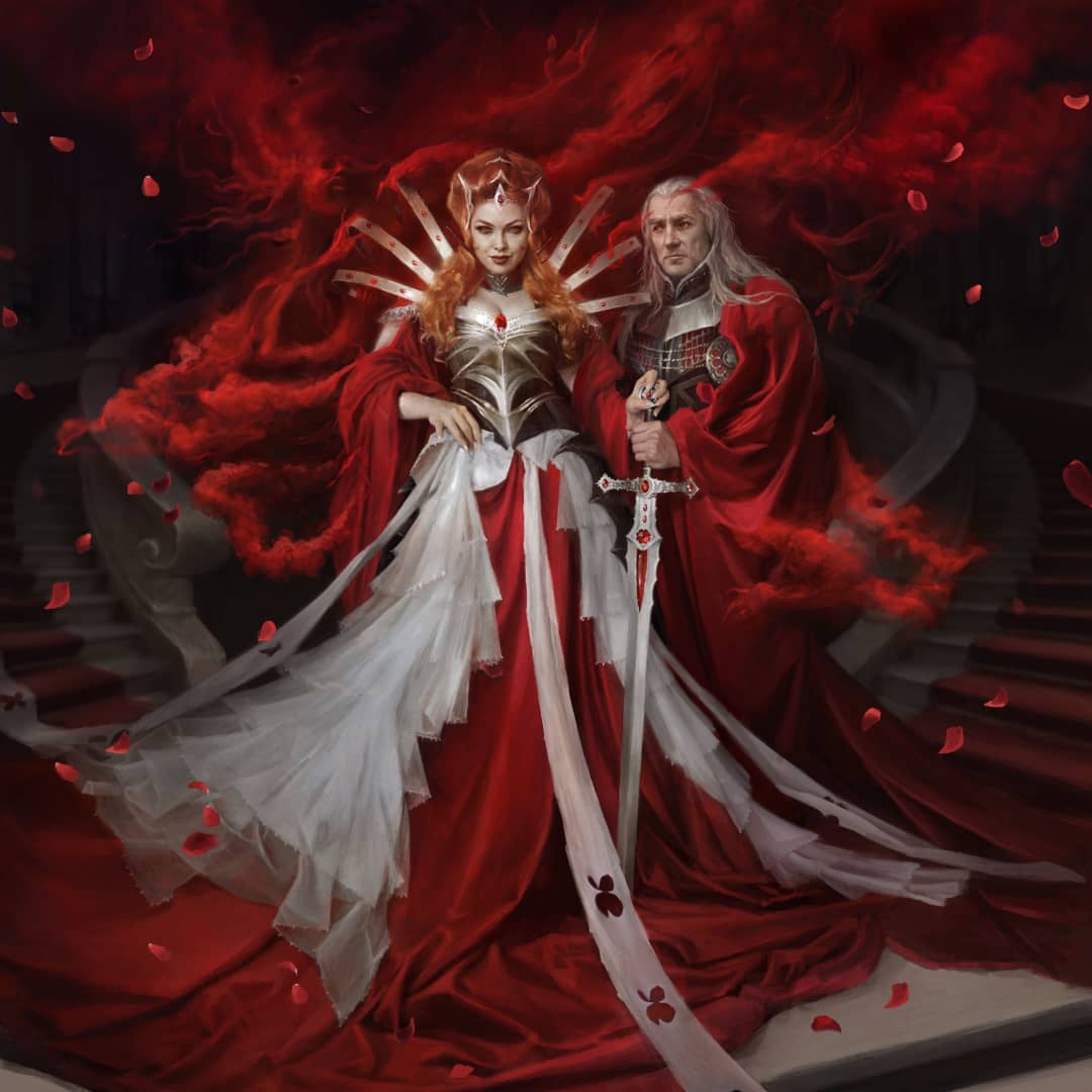 armor, armored_dress, breasts, bride, cleavage, dress, edgar_markov, flower, fog, groom, holding, holding_sword, holding_weapon, husband_and_wife, lips, magic:_the_gathering, martina_fackova, official_art, olivia_voldaren, petals, red_flower, red_hair, red_lips, red_rose, reverse_grip, rose, rose_petals, stairs, stairwell, sword, vampire, weapon, wedding, wedding_dress, white_hair
