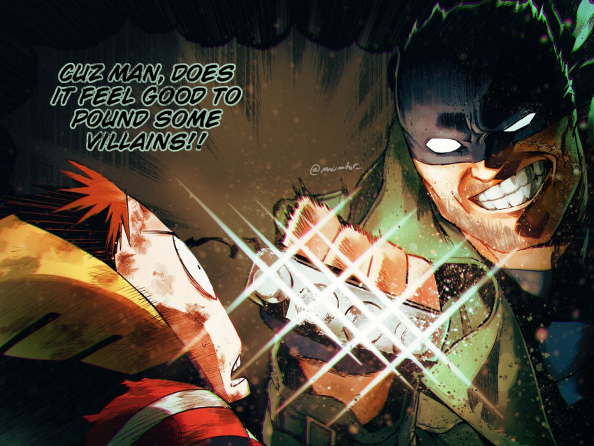 2boys, all_might, all_might_(cosplay), banana, black_hair, boku_no_hero_academia, brass_knuckles, coat