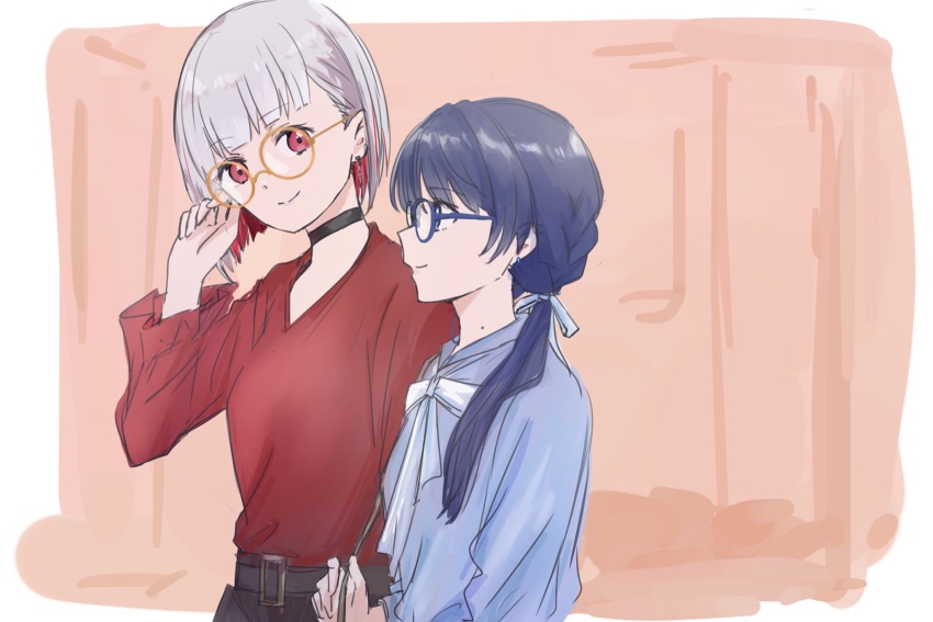 2girls, black_choker, blue-framed_eyewear, blue_eyes, blue_hair, blue_ribbon, blue_shirt, blunt_bangs