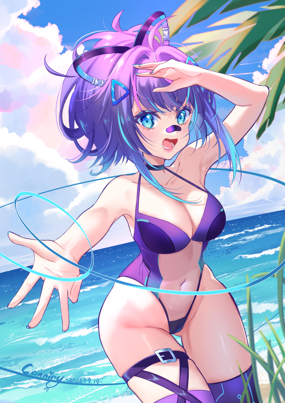 1girl, ahoge, arm_up, bandaid, bandaid_on_face, beach, belt, bikini