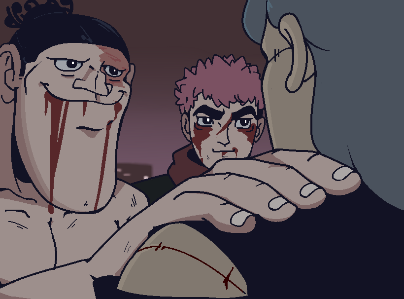 3boys, akakichi_no_eleven, akakichi_no_eleven_redraws, artist_request, black_eyes, black_hair, blood, blood_on_face
