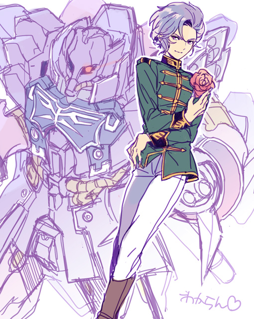 1boy, angelo_sauper, boots, commentary_request, crossover, ebira, flower, fusion, galluss-j, geara_zulu_angelo_sauper_custom, gundam, gundam_unicorn, gundam_zz, looking_at_viewer, male_focus, mashymre_cello, mecha, military_uniform, mobile_suit, neo_zeon, original, parody, purple_hair, redesign, robot, rose, science_fiction, signature, style_parody