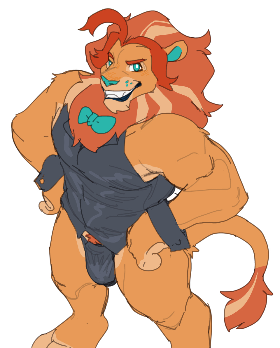 1boy, animal_ears, bara, biceps, black_male_underwear, blue_bow, blue_bowtie, blue_eyes