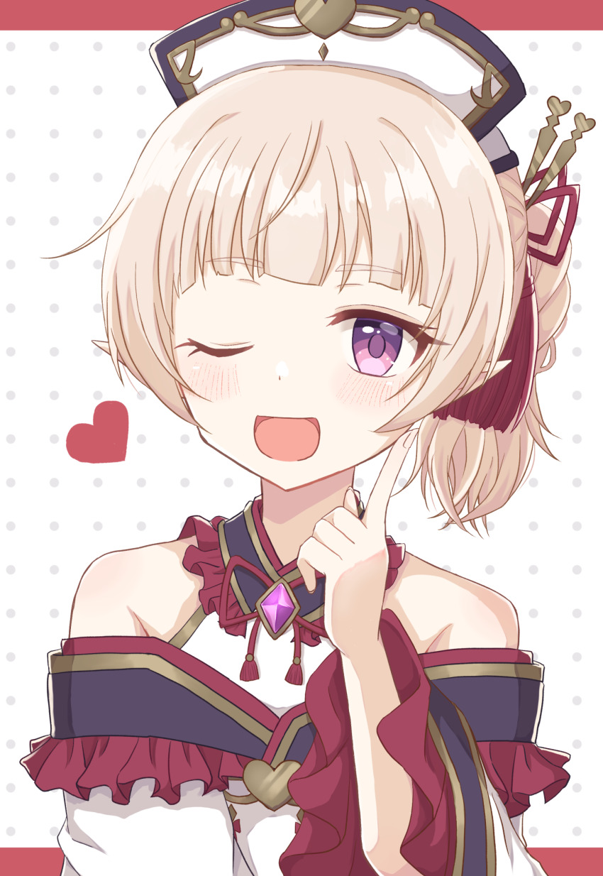 1boy, bare_shoulders, blonde_hair, blush, dress, finger_on_cheek, finger_to_cheek, finger_to_face, gem, hair_ornament, hairpin, heart, highres, japanese_clothes, multiple_hairpins, off-shoulder_dress, off_shoulder, one_eye_closed, open_mouth, pointy_ears, ponytail, princess_connect!, purple_eyes, purple_gem, pypy707, smile, tassel, trap, upper_body, wide_sleeves, yuki_(oedo)_(princess_connect!), yuki_(princess_connect!)