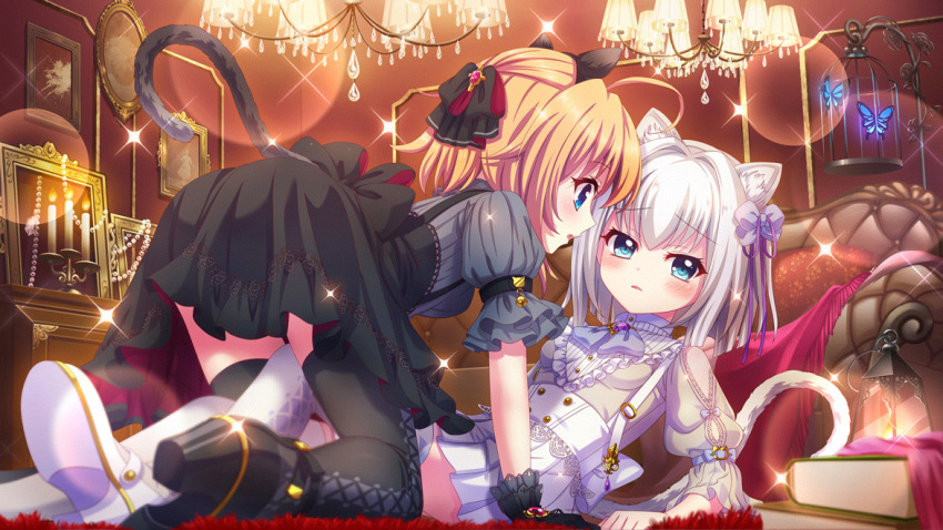 2girls, ahoge, all_fours, animal_ear_fluff, animal_ear_hairband, animal_ears, ass, averting_eyes