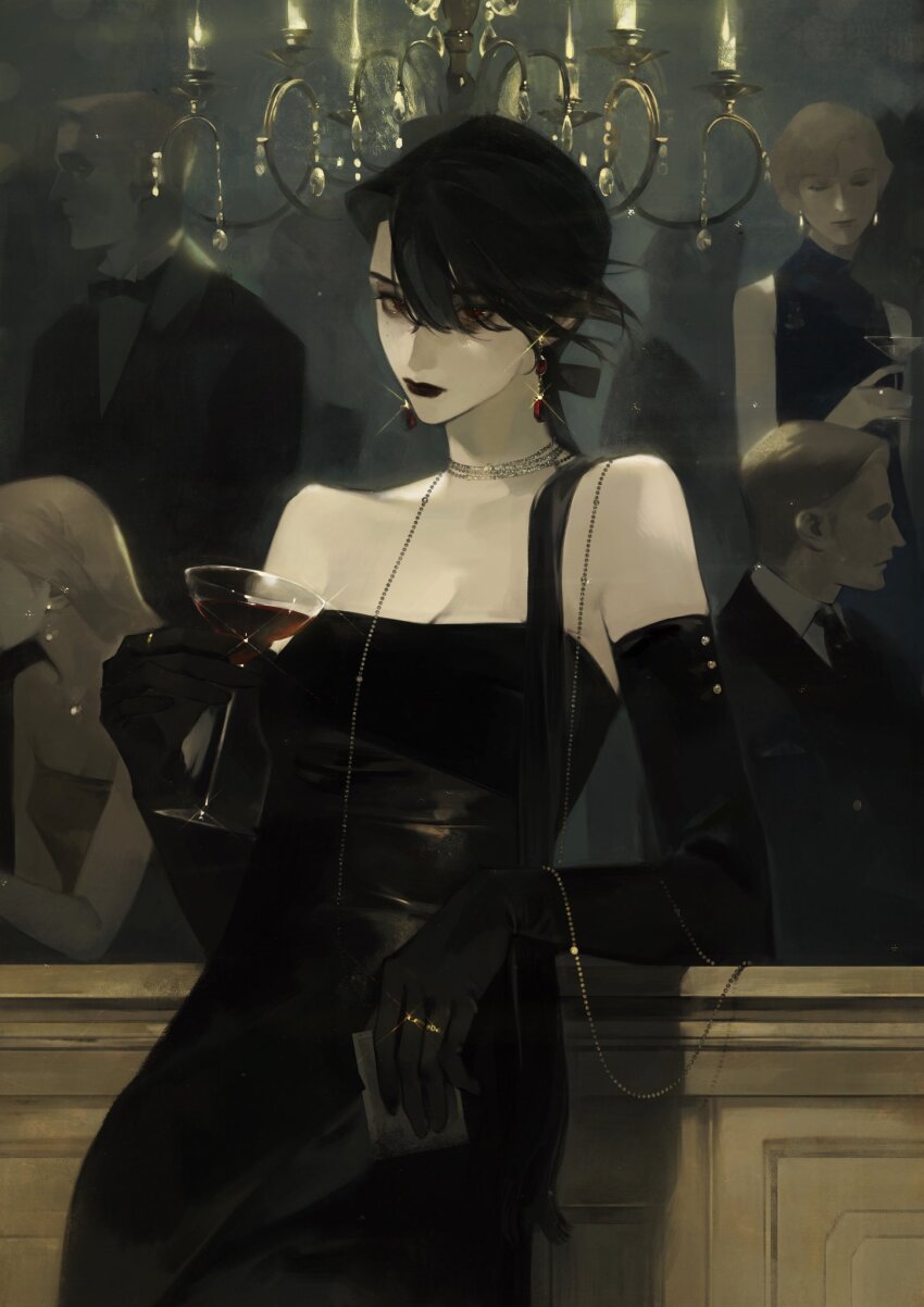 2boys, 3girls, baichuan_baichuan, bare_shoulders, black_dress, black_gloves, black_hair, candelabra