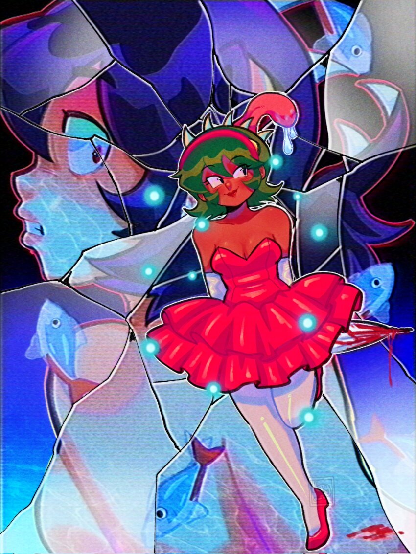 2girls, alternate_costume, arms_behind_back, blood, broken_glass, cosplay, dark-skinned_female, dark_skin