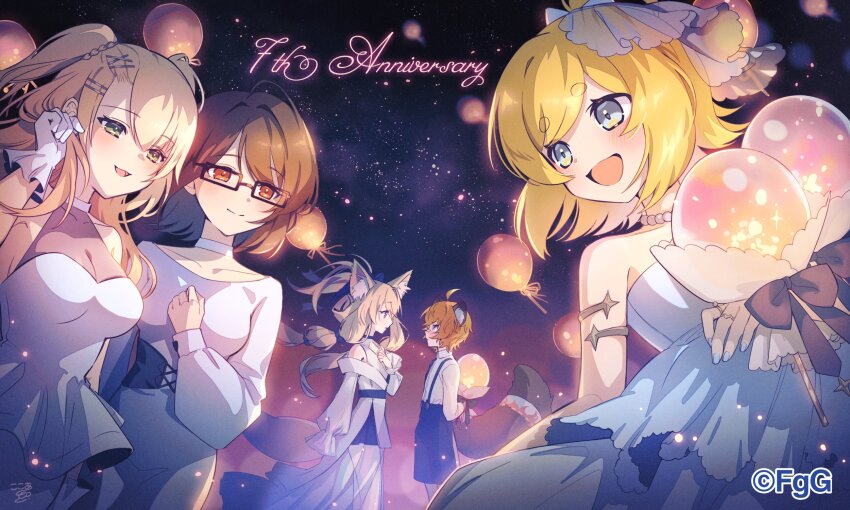 1boy, 4girls, :d, ahoge, animal_ears, bare_shoulders, blonde_hair, blue_shorts