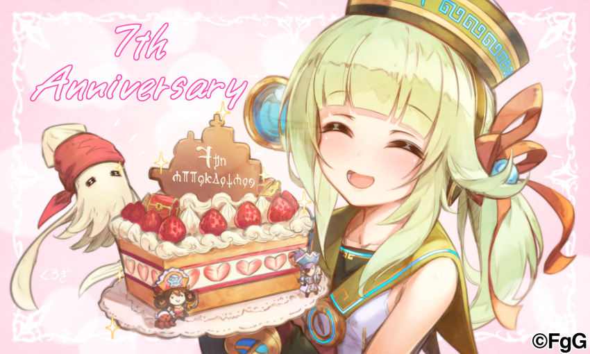 1girl, ^_^, artist_name, blunt_bangs, cake, character_doll, closed_eyes, doll