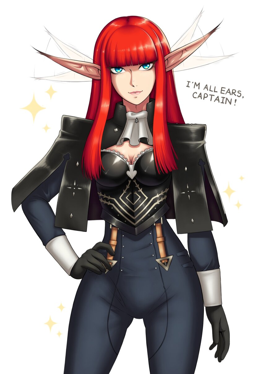 1girl, absurdres, ascot, black_gloves, blue_eyes, blue_pants, blunt_bangs, blunt_ends, breasts, cleavage_cutout, closed_mouth, clothing_cutout, commentary, ememtrp, english_commentary, gloves, hand_on_own_hip, high-waist_pants, highres, hime_cut, hulkenberg_(metaphor:_refantazio), large_breasts, long_pointy_ears, looking_at_viewer, metaphor:_refantazio, pants, pink_lips, pointy_ears, red_hair, simple_background, smile, solo, sparkle, standing, white_ascot, white_background