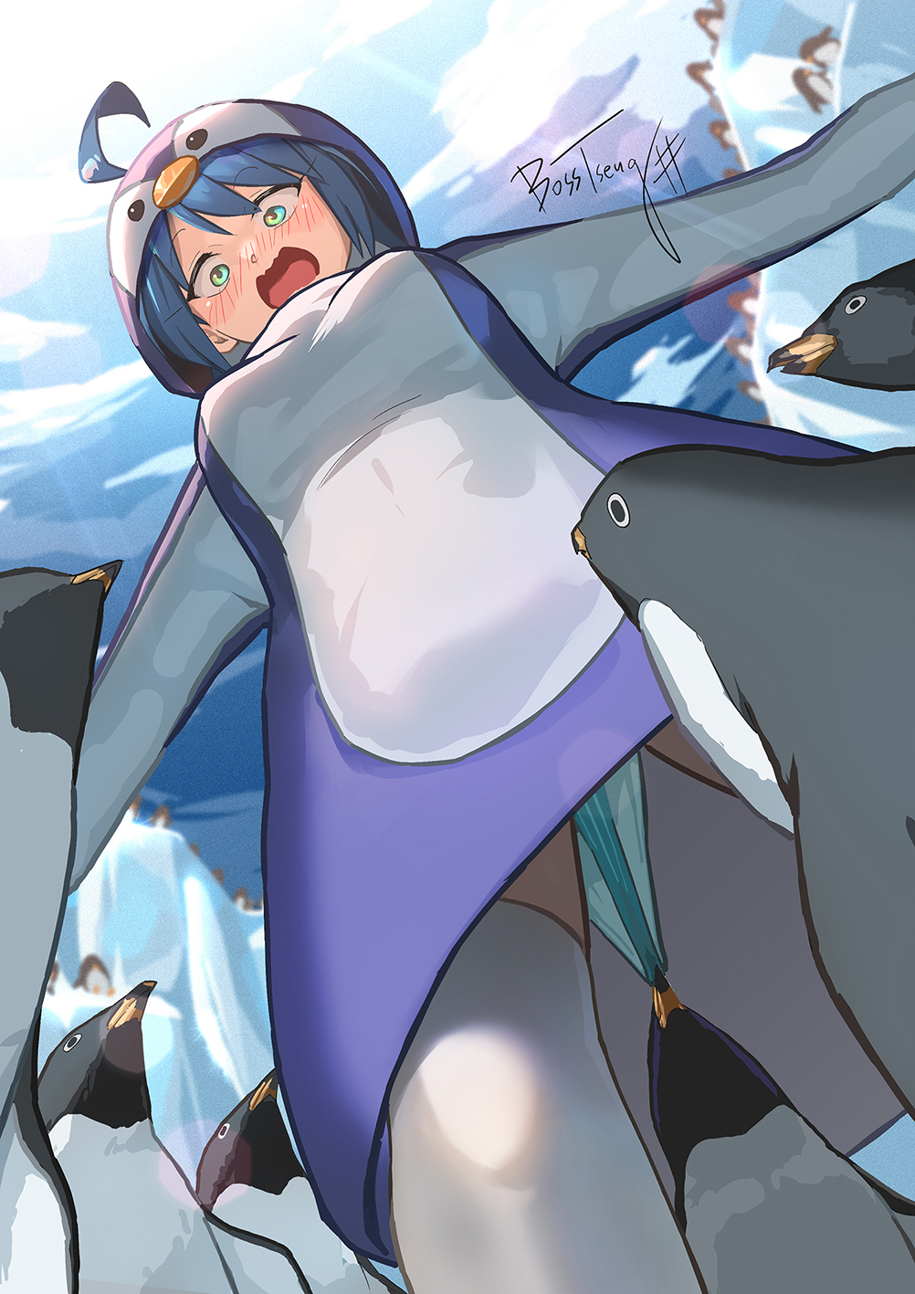 1girl, ahoge, animal_costume, bird, blue_hair, blue_panties, blush, bosstseng