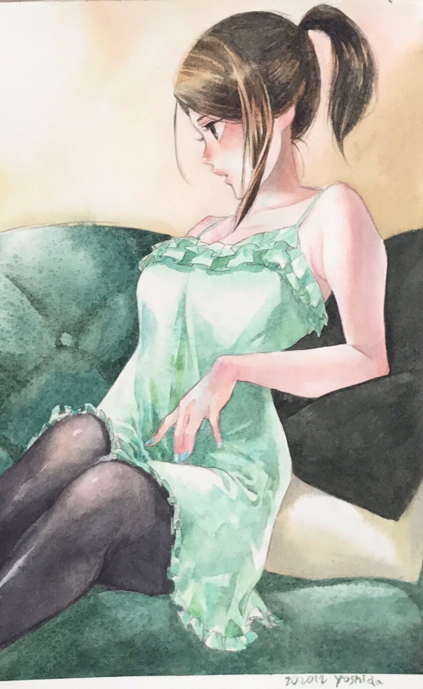 1girl, brown_hair, dress, frilled_dress, frills, green_dress, green_nightgown, highres