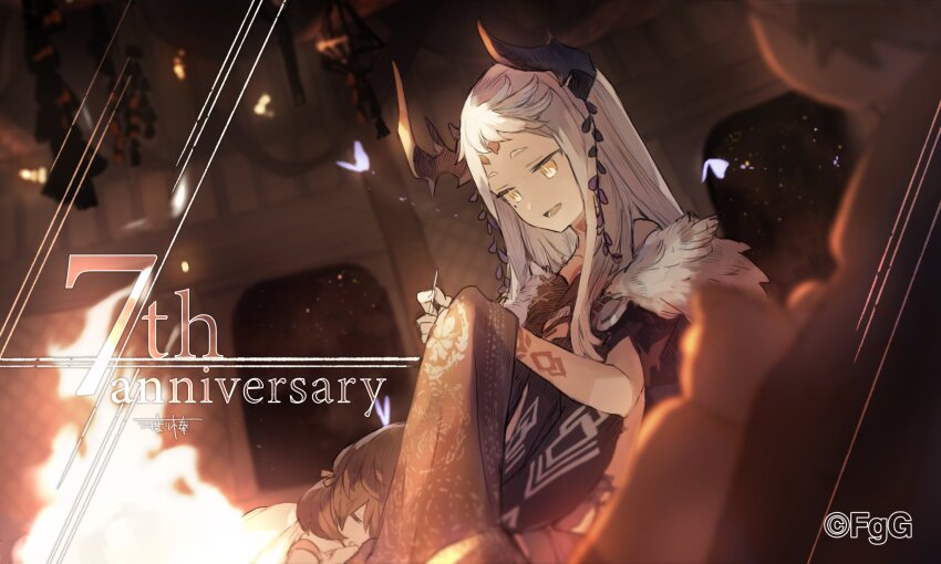 2girls, arm_tattoo, birgitta_(ta_ga_tame_no_alchemist), bug, butterfly, character_request, closed_eyes, glowing_butterfly, grey_hair, highres, holding, horns, indoors, insect, lap_pillow, long_hair, looking_at_object, mole, mole_under_eye, multiple_girls, night, official_art, open_mouth, second-party_source, signature, sitting, sleeping, ta_ga_tame_no_alchemist, tattoo, watarubou, yellow_eyes