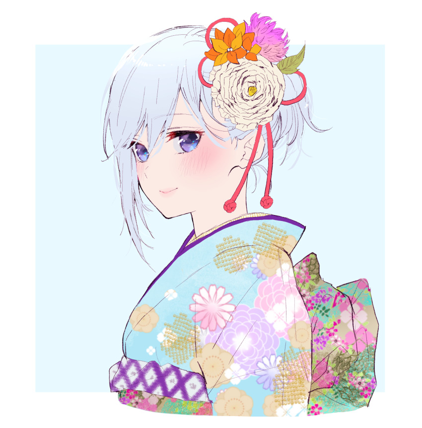 1girl, amagami-san_chi_no_enmusubi, amagami_asahi, blue_background, blue_eyes, blue_hair, blue_kimono, blush, closed_mouth, cropped_torso, flower, from_side, hair_flower, hair_ornament, hamu_(pixiv78597408), highres, japanese_clothes, kimono, obi, print_kimono, sash, short_hair, solo, two-tone_background, upper_body, white_background