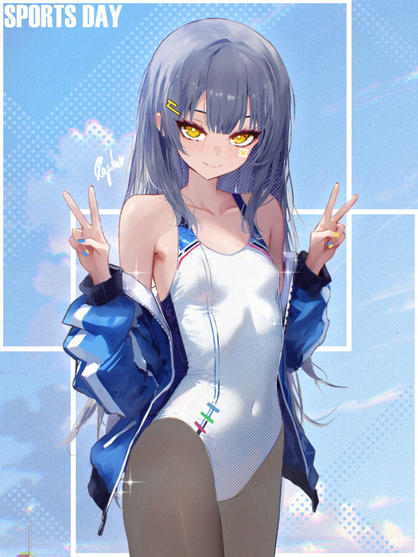 1girl, black_pantyhose, blue_jacket, blue_nails, breasts, covered_navel, cowboy_shot, double_v