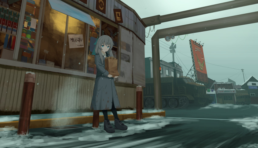 1girl, blue_eyes, bow, full_body, grey_hair, hair_bow, hin'yari_(kakukuru), long_hair