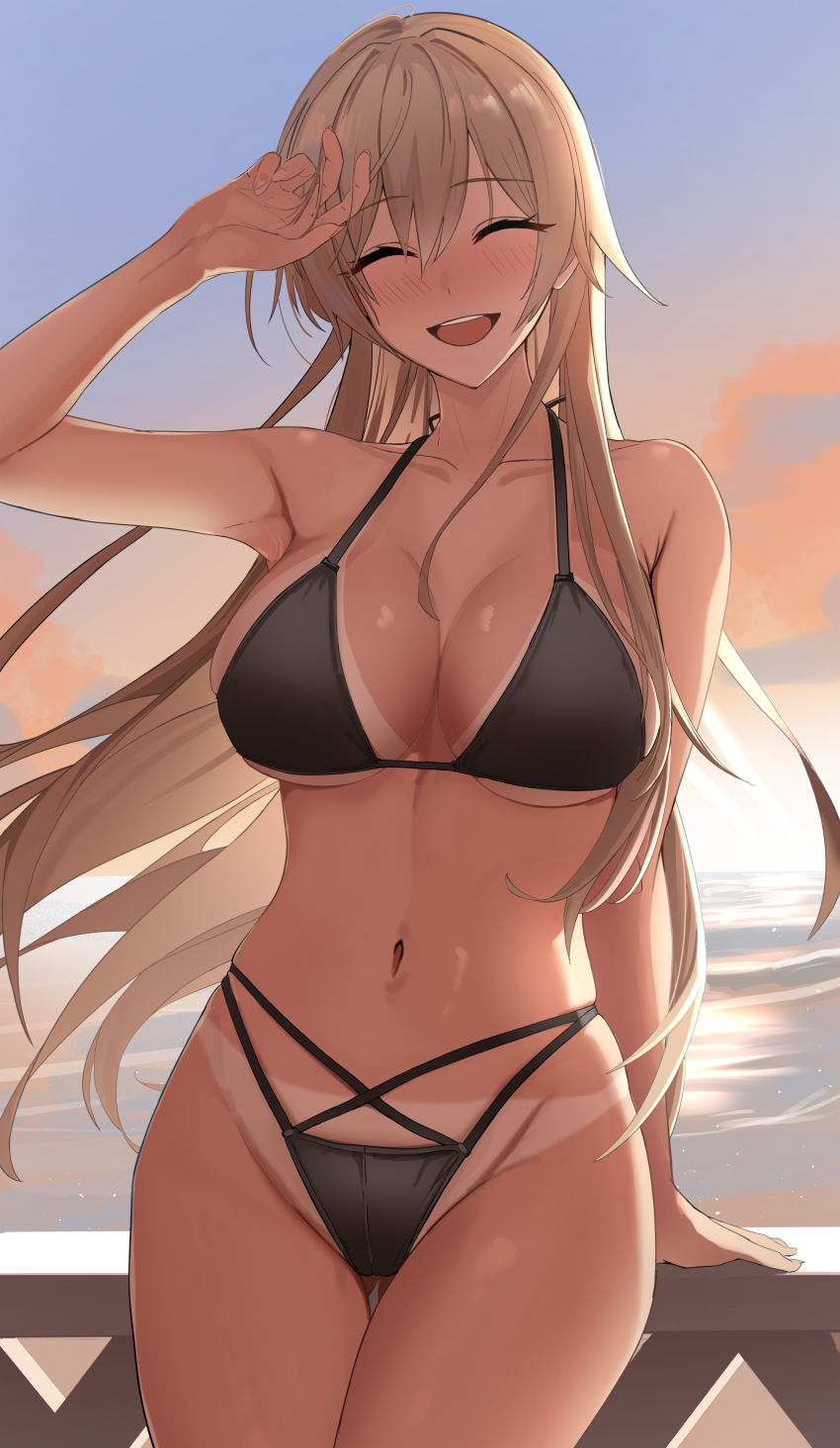1girl, absurdres, bikini, black_bikini, blush, breasts, brown_hair, facing_viewer