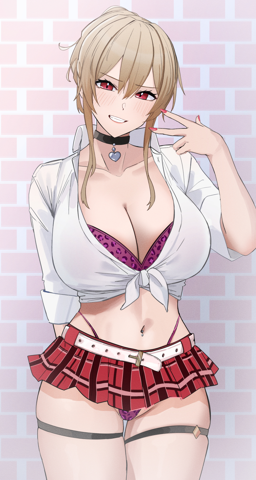 1girl, absurdres, belt, black_choker, blush, bra, breasts, brown_hair, choker, collarbone, furen_e_lustario, grin, gyaru, hair_between_eyes, hamigaki_(hikaruyusi), highres, kogal, large_breasts, long_hair, looking_at_viewer, miniskirt, nijisanji, panties, plaid_clothes, plaid_skirt, purple_bra, purple_panties, red_eyes, red_skirt, shirt, skirt, sleeves_rolled_up, smile, solo, teeth, thighhighs, thighs, tied_shirt, underwear, virtual_youtuber, white_belt, white_shirt, white_thighhighs