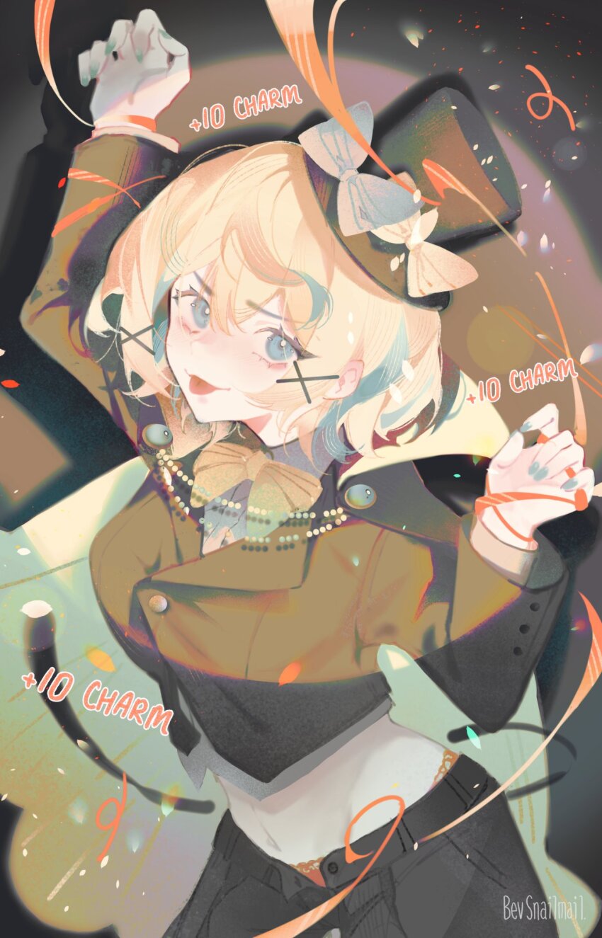 1girl, :p, alternate_breast_size, aqua_eyes, aqua_nails, artist_name, bevsnailmail, blonde_hair