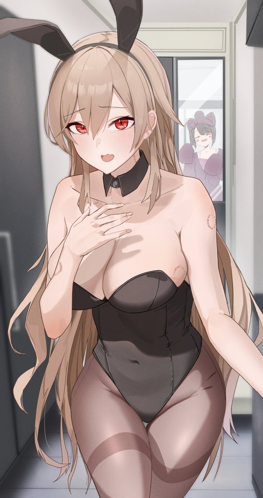 2girls, absurdres, animal_ears, bite_mark, black_collar, blush, breasts, brown_pantyhose