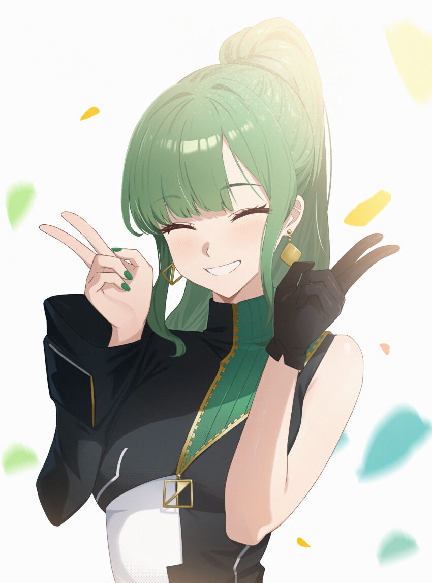 1girl, ^_^, absurdres, blurry, closed_eyes, commentary_request, confetti, depth_of_field