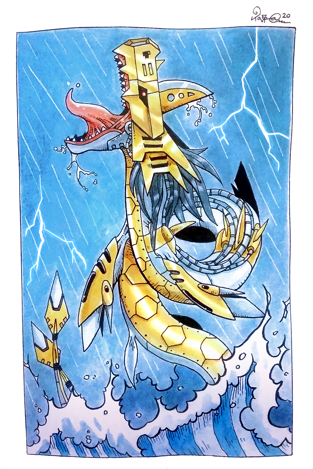 2020, armor, cyborg, digimon, digimon_(creature), fins, gold_armor, highres