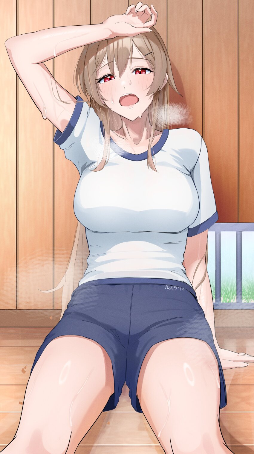 1girl, absurdres, arm_up, blue_shorts, blush, breasts, brown_hair, commentary_request