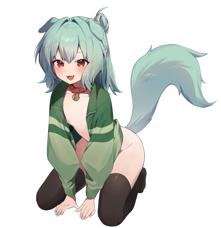 1boy, :3, :d, androgynous, animal_ears, arched_back, bell, belt_collar, black_thighhighs, blush, bottomless, collar, collarbone, dog_boy, dog_ears, dog_tail, floppy_ears, fluffy, green_jacket, groin, hair_bun, hair_intakes, half_updo, hands_on_ground, highres, jacket, kneeling, long_sleeves, looking_at_viewer, male_focus, medium_hair, neck_bell, nipples, no_shoes, nyaru_(ill_naru), open_clothes, open_mouth, otori_tan, raised_eyebrows, red_collar, red_eyes, seitokai_ni_mo_ana_wa_aru!, simple_background, smile, solo, tail, thighhighs, trap, white_background