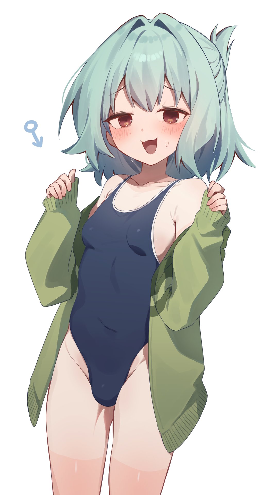 1boy, :3, :d, armpit_crease, blush, breasts, bulge, clothes_down, collarbone, covered_navel, cowboy_shot, dripping, green_hair, green_jacket, groin, groin_tendon, hair_intakes, half-closed_eyes, half_updo, hands_up, highres, jacket, long_sleeves, looking_at_viewer, male_focus, male_with_breasts, mars_symbol, medium_hair, nyaru_(ill_naru), one-piece_swimsuit, open_clothes, open_mouth, otori_tan, raised_eyebrows, red_eyes, seitokai_ni_mo_ana_wa_aru!, simple_background, sleeves_past_wrists, smile, solo, sweat, swimsuit, tan, tanline, trap, white_background