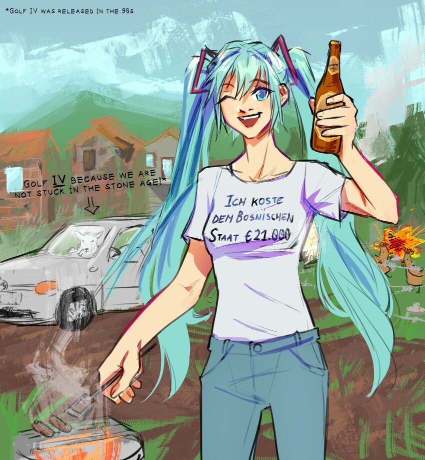 1girl, :d, absurdres, alcohol, arm_up, beer, bird, blue_eyes, blue_hair, blue_pants, bosnia_and_herzegovina, bottle, chicken, clothes_writing, collarbone, commentary, cowboy_shot, day, denim, drink, english_commentary, english_text, euro_sign, fighting, fire, food, footnote, german_text, goat, grass, grill, hair_ornament, hatsune_miku, highres, holding, holding_bottle, holding_drink, holding_tongs, jeans, long_hair, looking_at_viewer, meowkberry, mixed-language_text, mountainous_horizon, one_eye_closed, open_mouth, outdoors, pants, sausage, shirt, sketch, slavic_miku, smile, smoke, solo, t-shirt, teeth, tongs, translated, upper_teeth_only, village, vocaloid, volkswagen, volkswagen_golf, white_shirt, worldwide_miku