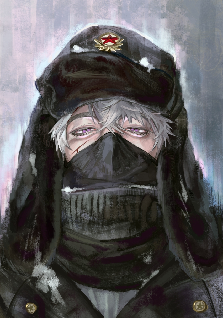 1boy, absurdres, axis_powers_hetalia, black_scarf, bleeding, blood, blood_on_face, cuts, fur_hat, grey_background, hair_between_eyes, half-closed_eyes, hat, highres, huijin_lu, injury, looking_at_viewer, male_focus, mask, mouth_mask, neck_warmer, purple_eyes, red_star, russia_(hetalia), scarf, short_hair, snow_on_body, snow_on_headwear, solo, soviet, star_(symbol), ushanka, white_hair