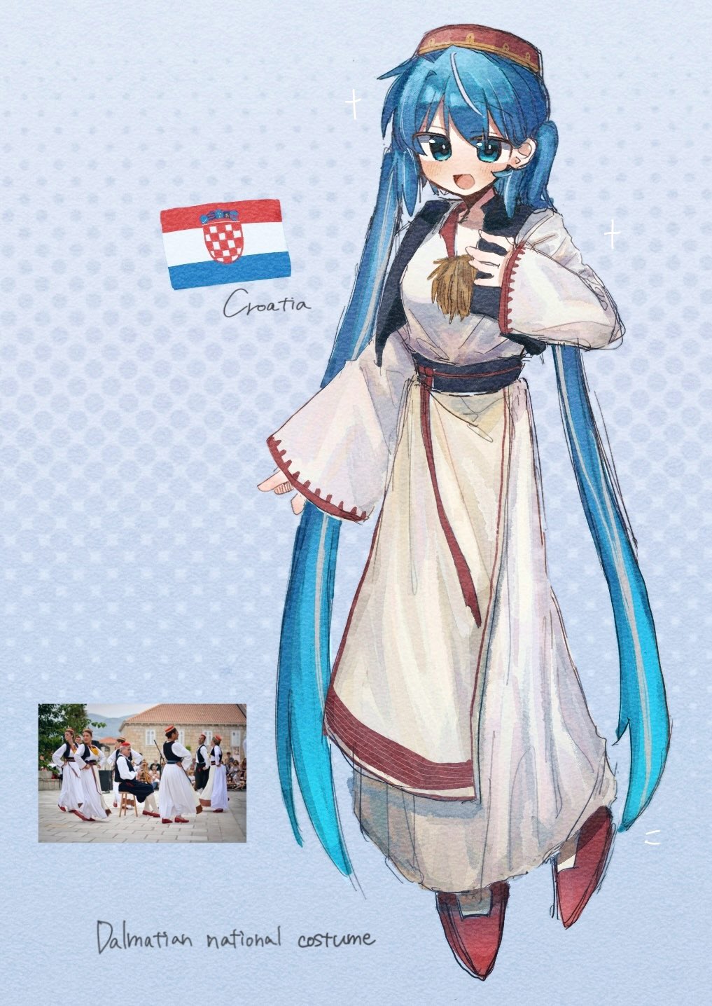 1girl, :d, apron, black_vest, blue_background, blue_eyes, blue_hair, blush, croatia, croatian_clothes, croatian_flag, dress, english_text, full_body, gradient_background, halftone, halftone_background, hand_on_own_chest, hatsune_miku, highres, long_hair, looking_at_viewer, multicolored_hair, open_mouth, red_shoes, red_trim, reference_inset, shirt, shoes, sketch, slavic_clothes, sleeves_past_wrists, smile, solo, sparkle, streaked_hair, tage_hey, very_long_hair, vest, vocaloid, white_apron, white_dress, white_hair, white_shirt, worldwide_miku