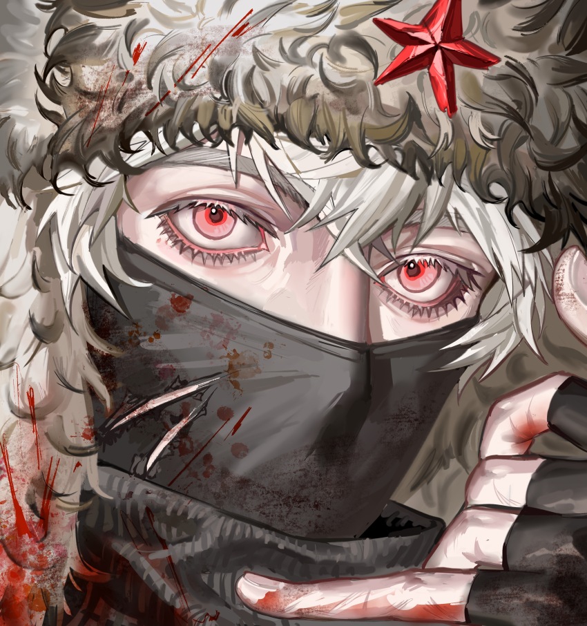 1boy, absurdres, axis_powers_hetalia, blood, blood_on_clothes, blood_on_face, blood_on_hands, close-up, fingerless_gloves, fur_hat, gloves, hat, highres, huijin_lu, looking_at_viewer, male_focus, mask, mouth_mask, pink_eyes, red_star, russia_(hetalia), short_hair, solo, soviet, star_(symbol), torn_mask, ushanka, white_hair