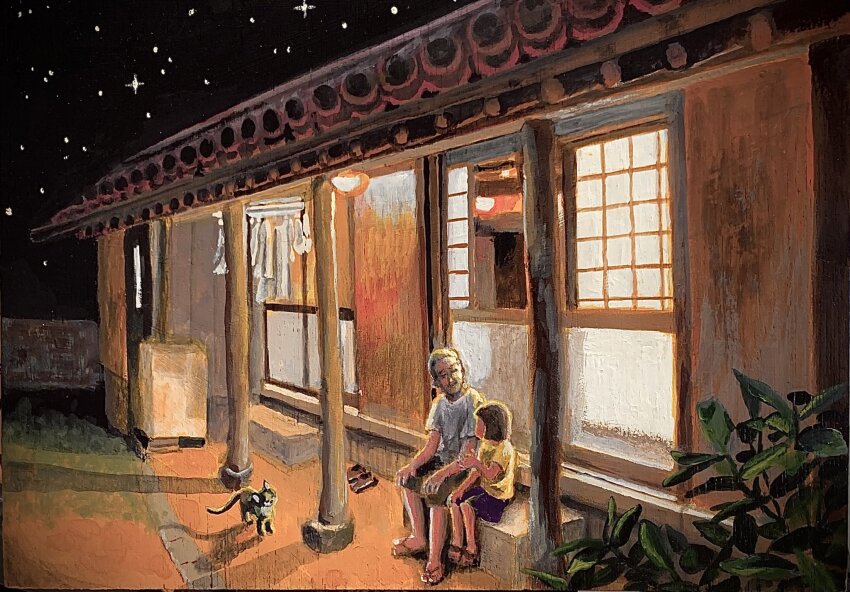 1boy, 1girl, animal_ears, building, cat, child, entrance, father_and_child