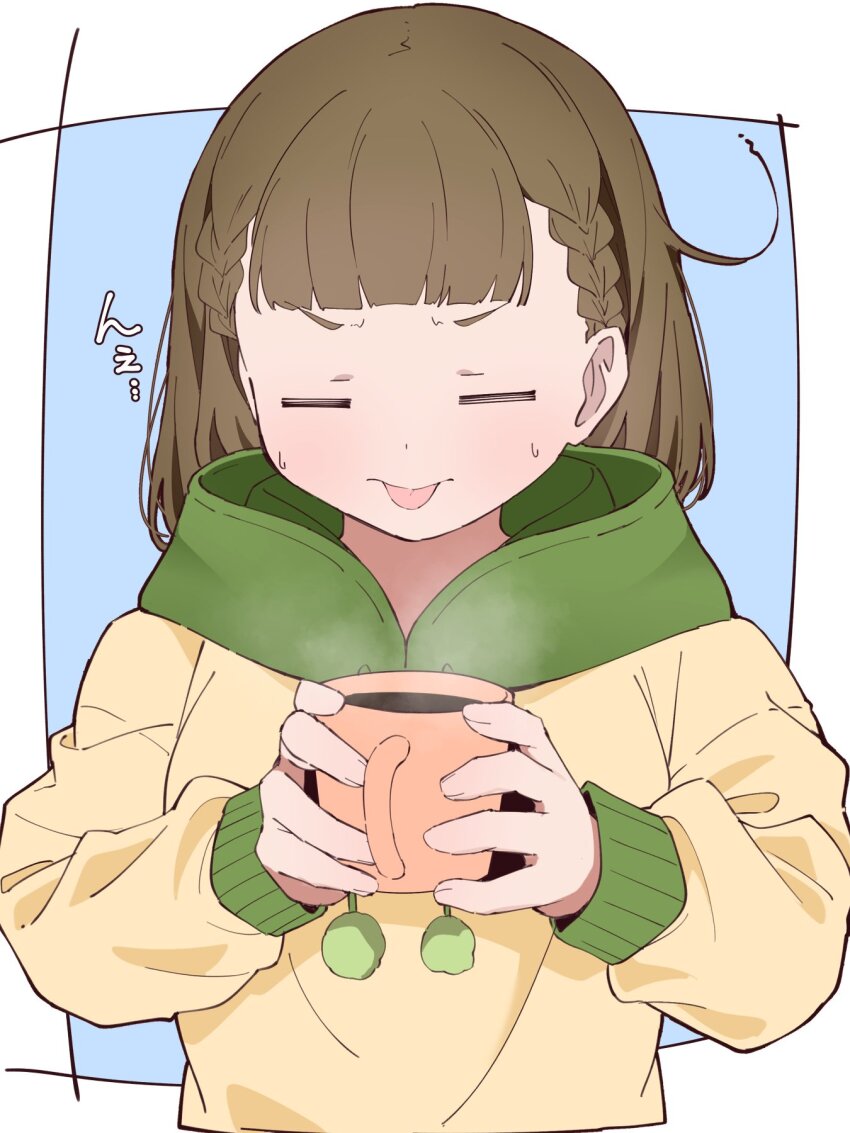 1girl, 3:, =_=, bitter, blue_background, border, braid, brown_hair