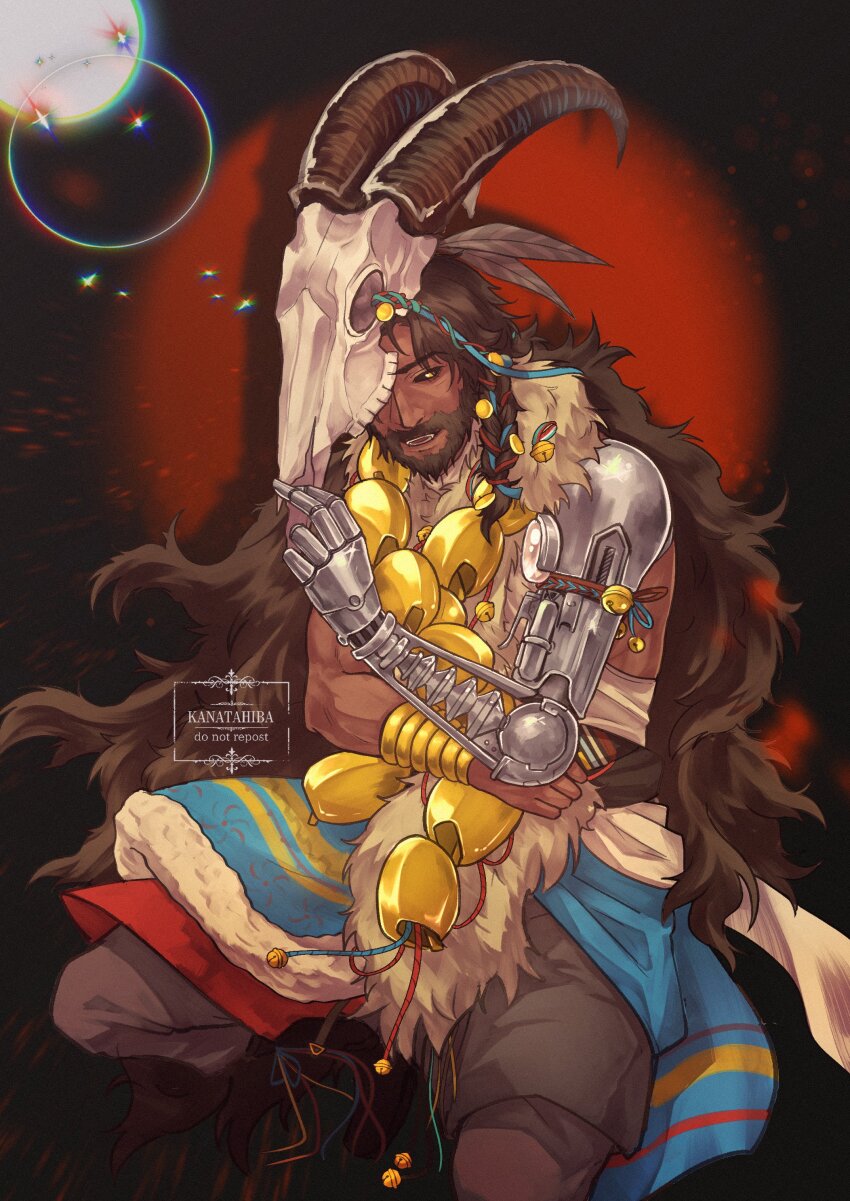 1boy, absurdres, animal_skull, artist_name, beard, black_background, black_sclera, bracelet