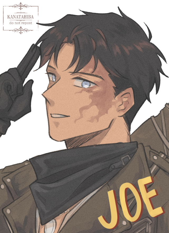 1boy, artist_name, black_gloves, black_hair, black_jacket, black_neckerchief, blue_eyes, burn_scar