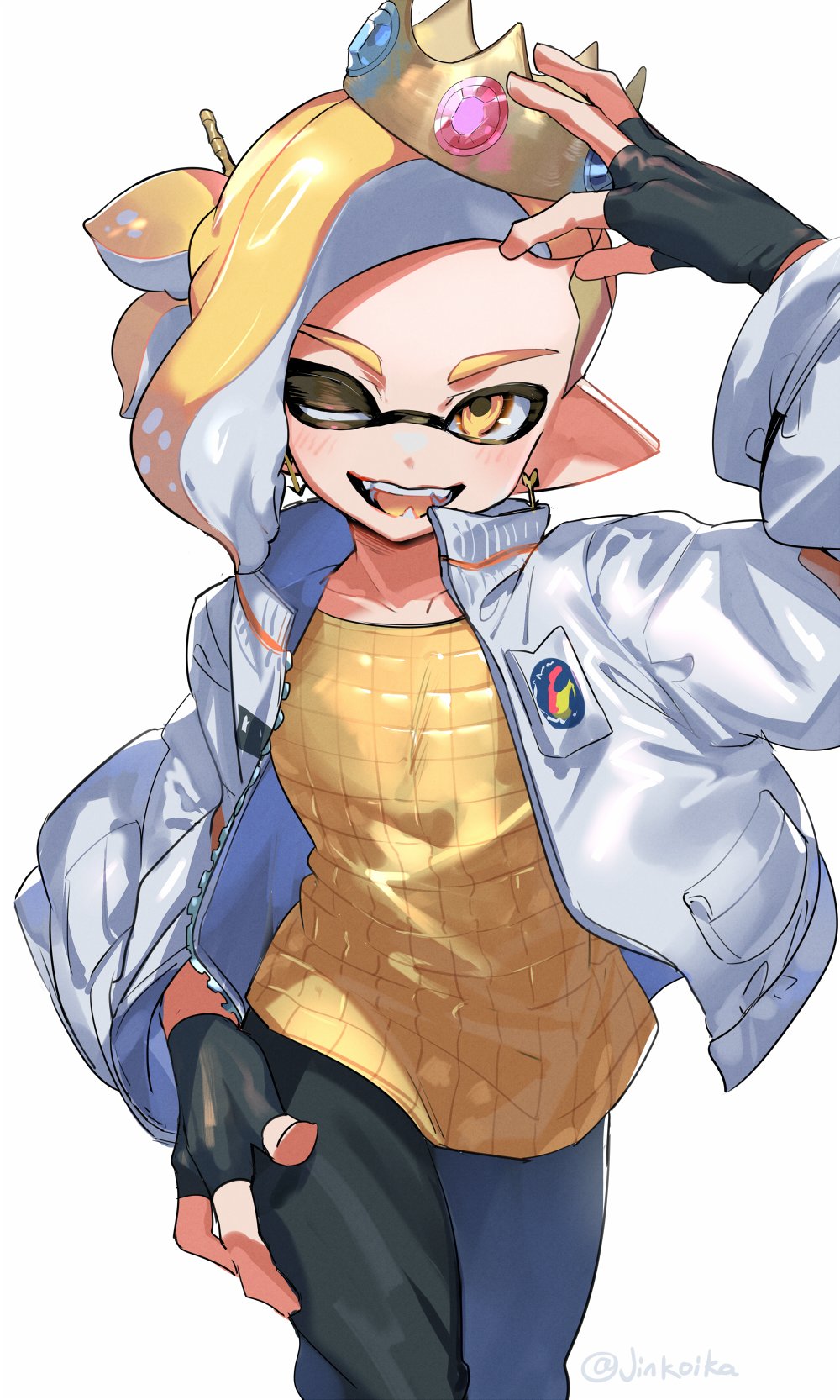 1girl, crown, ed_(jinko), fingerless_gloves, gloves, highres, inkling_girl, inkling_player_character
