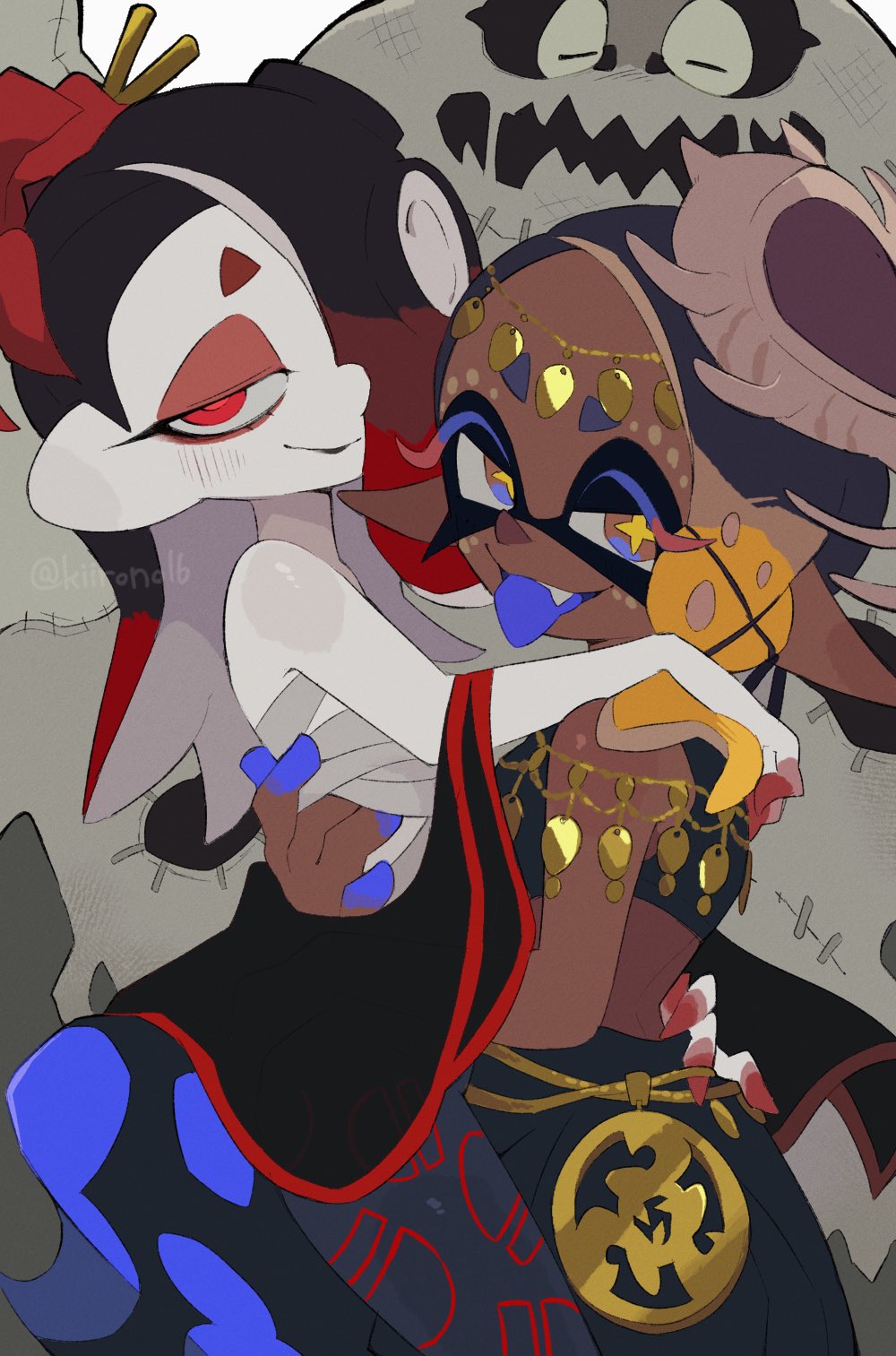 1boy, 2girls, artist_name, big_man_(splatoon), big_man_(splatoween)_(splatoon), black_hair, black_lips, black_pants, black_shawl, black_shirt, blonde_hair, blush, chest_sarashi, circlet, closed_mouth, colored_eyelashes, colored_tongue, crop_top, dark-skinned_female, dark_skin, earrings, eyeshadow, fang, flower, frye_(splatoon), frye_(splatoween)_(splatoon), ghost_costume, grey_pants, hair_flower, hair_ornament, hair_over_one_eye, half-closed_eyes, halloween_costume, hand_on_another's_waist, harem_pants, highres, inkling, jewelry, kiirono, long_hair, long_pointy_ears, looking_at_viewer, makeup, manta_ray, multicolored_hair, multiple_girls, nintendo, octoling, official_alternate_costume, one_eye_covered, open_mouth, orange_eyes, pale_skin, pants, pointy_ears, purple_tongue, red_eyes, red_eyeshadow, red_flower, red_hair, sarashi, shawl, shell, shell_hair_ornament, shirt, shiver_(splatoon), shiver_(splatoween)_(splatoon), short_eyebrows, smile, spider_lily, splatoon_(series), splatoon_3, star-shaped_pupils, star_(symbol), suction_cups, symbol-shaped_pupils, tentacle_hair, tongue, tongue_out, two-tone_hair, watermark, x_hair_ornament, yellow_pupils