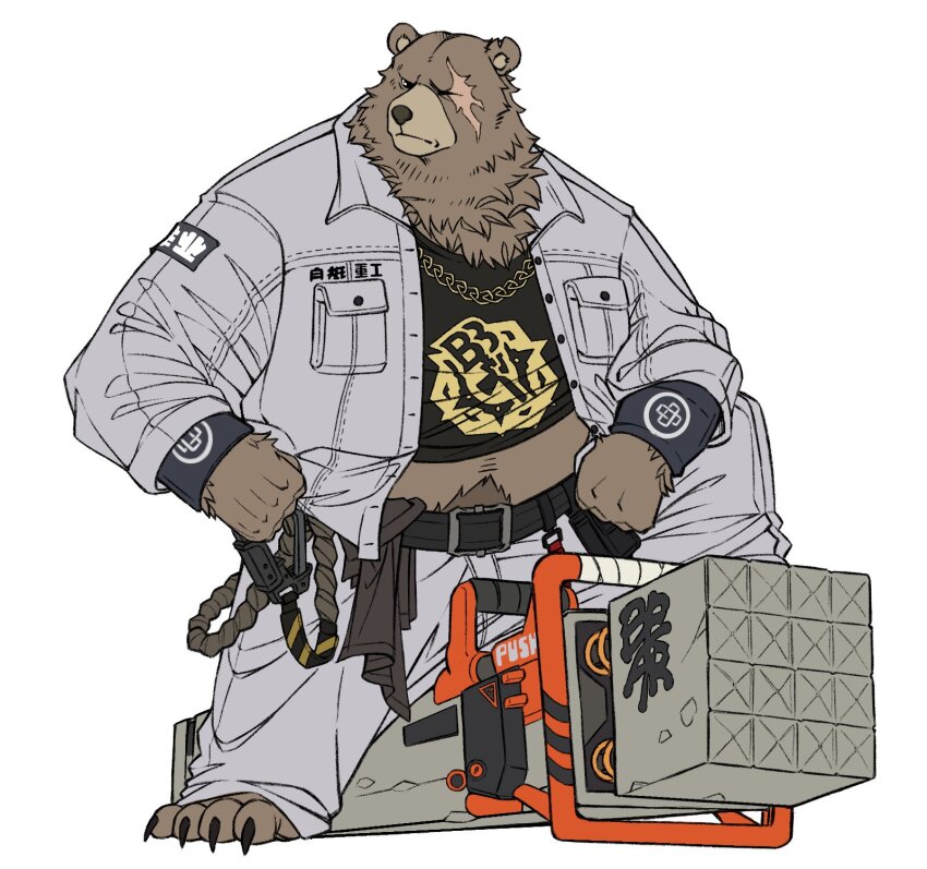 1boy, 7th_art_forge, animal_ears, arm_on_knee, bara, bear_boy, bear_ears, belly