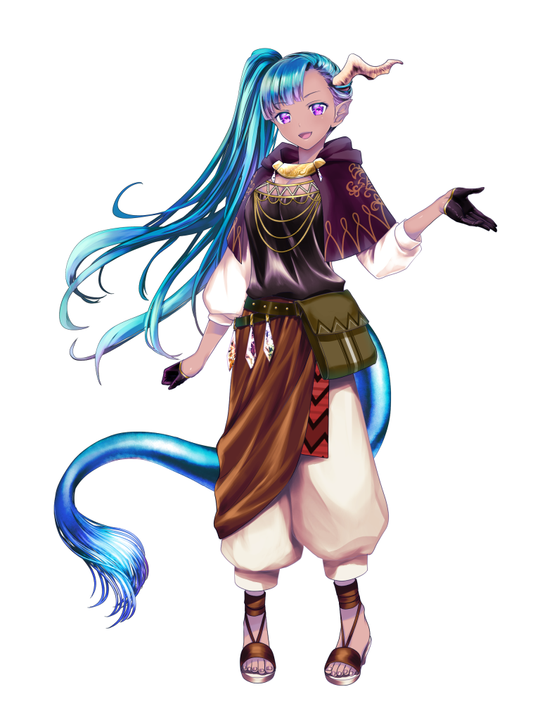 1girl, :d, bag, black_gloves, blue_hair, capelet, dairoku_ryouhei, full_body, gloves, handbag, hio_(tommy_walker), horns, irina_waldren, long_hair, looking_at_viewer, open_mouth, pointy_ears, purple_eyes, sandals, single_horn, smile, solo, standing, tail, very_long_hair