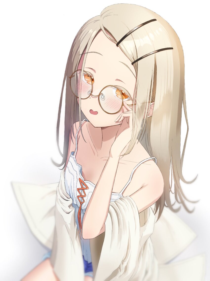 1girl, adjusting_eyewear, bespectacled, camisole, collarbone, colored_eyelashes, commentary_request, flipped_hair
