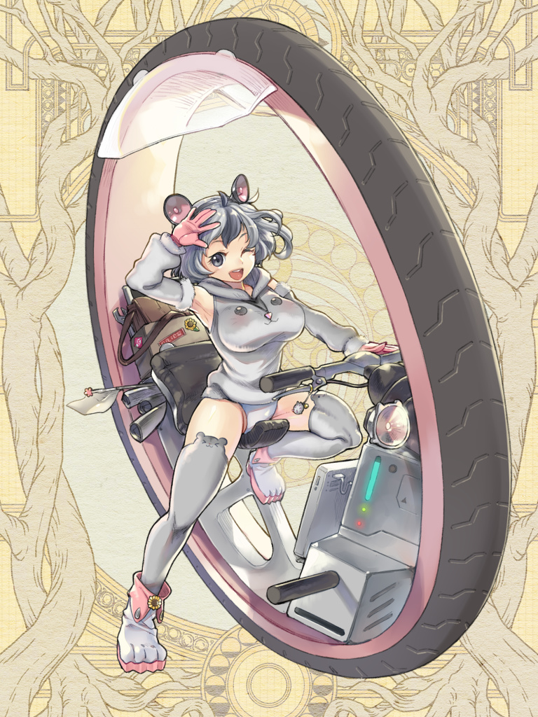 1girl, ;d, bag, breasts, dairoku_ryouhei, detached_sleeves, full_body, gloves, grey_eyes, grey_hair, grey_hoodie, hand_up, hood, hoodie, kohoshi_maumau, large_breasts, motor_vehicle, motorcycle, one_eye_closed, open_mouth, osimaru, paw_shoes, pink_gloves, smile, solo, wheel, yellow_background